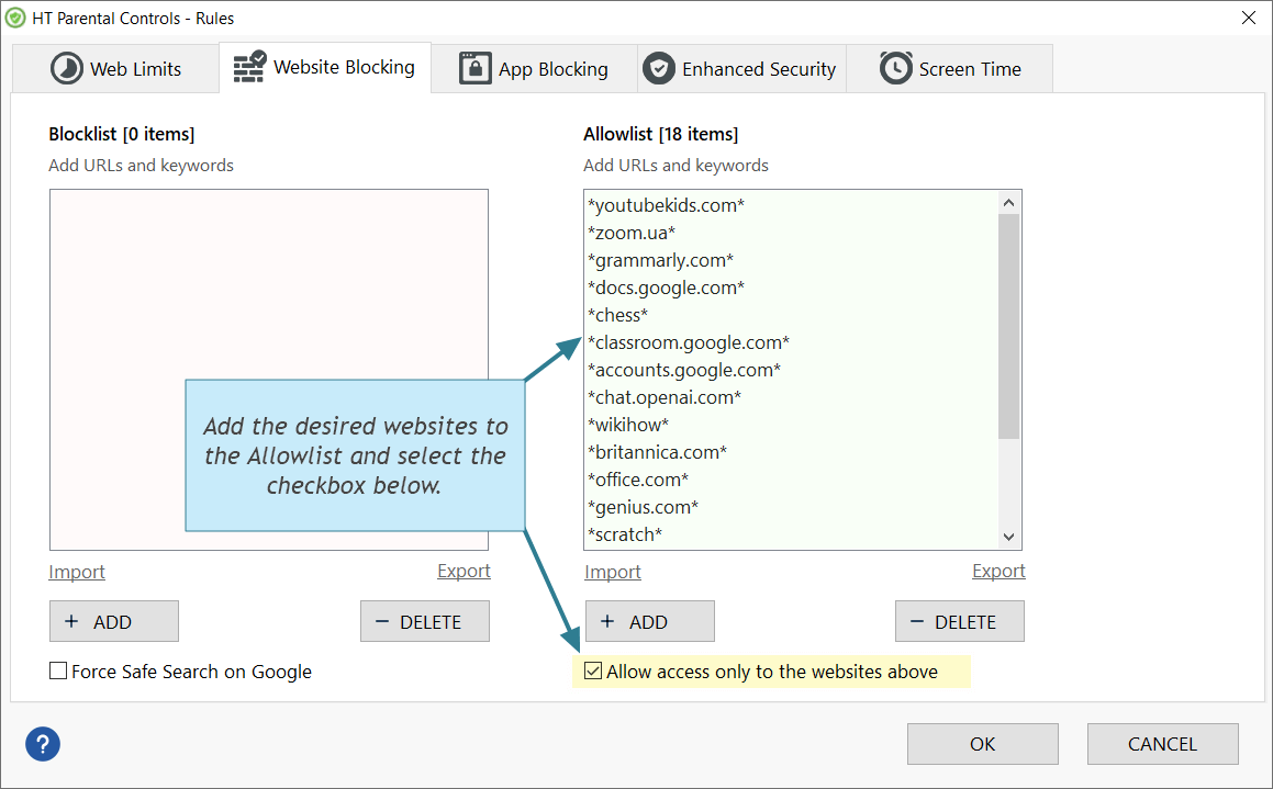 allowed websites