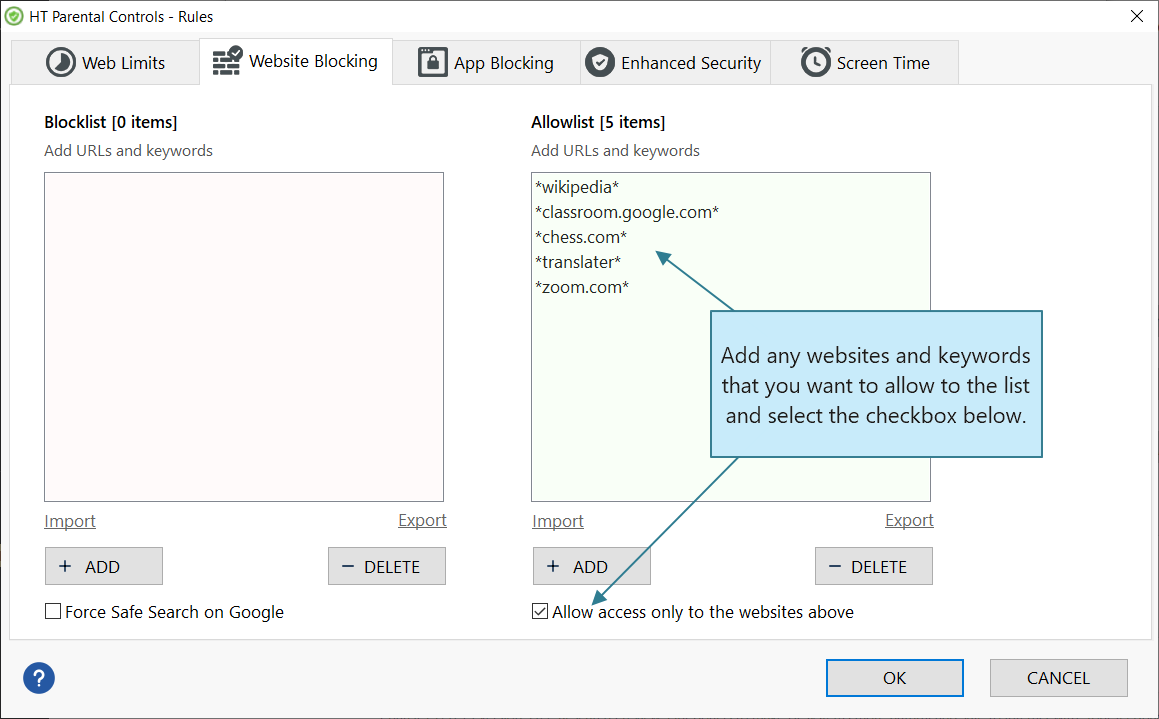 how to block all websites except a few